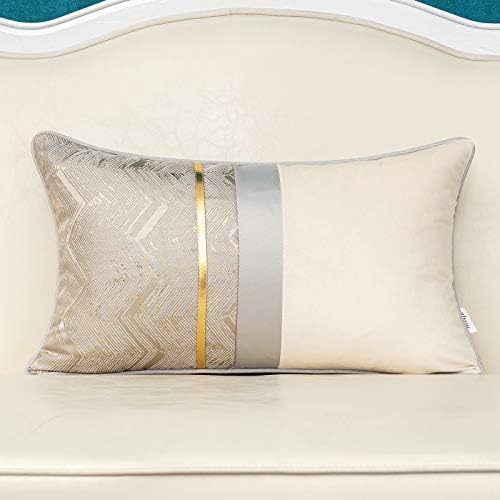Alerfa 12 x 20 Inch Silver Gray White Geometric Striped Gold Leather Patchwork Velvet Cushion Case Luxury Modern Lumbar Throw Pillow Cover Decorative Pillow for Couch Sofa Living Room Bedroom Car