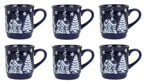 Lentz Lot de 6 tasses à vin chaud en grès 0,2 l - Bleu foncé avec décor hivernal - Passe au lave-vaisselle et au micro-ondes