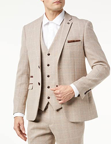 Mens Check Tweed Beige Brown 3 Piece Suit Wedding Prom Vintage Retro Classic2