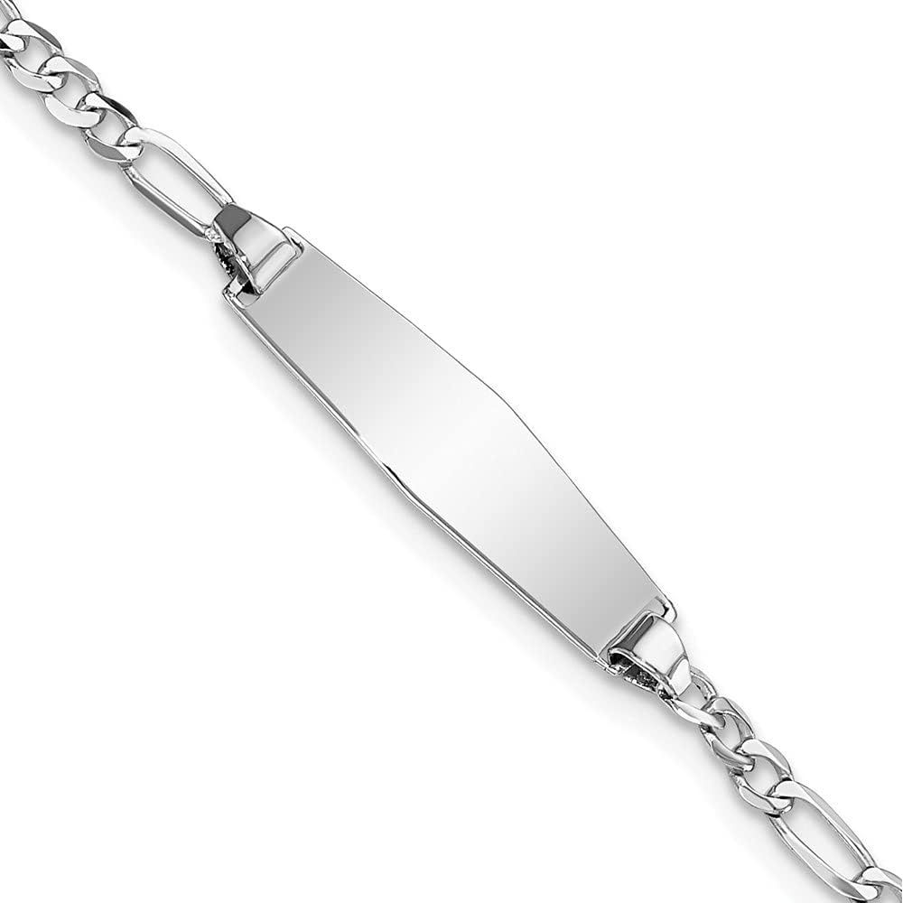 Solid 14k White Gold Figaro Link Soft Diamond-Shape ID Bracelet Engravable Identification Name Bar Tag - with Secure Lobster Lock Clasp 6" (Width = 5mm)