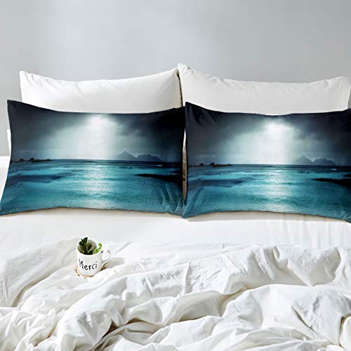 Loussiesd Tropical Comforter Cover Single Size Beach Island Bedding Set Dramatic Scene Decorative 2 Pieces Wave Theme Duvet Cover Set Petrol Blue Bedspread Cover with 1 Pillowcase Zipper - Image 2