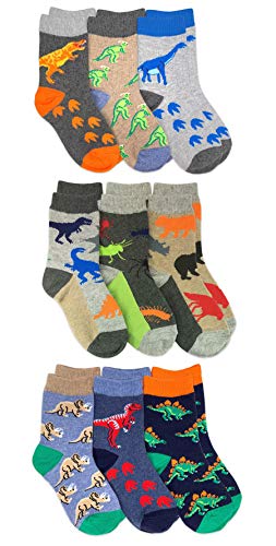 Image of Jefferies Socks Boys Fashion Novelty Dinosaur Stripes Pattern Variety Crew Socks 9 Pair Pack