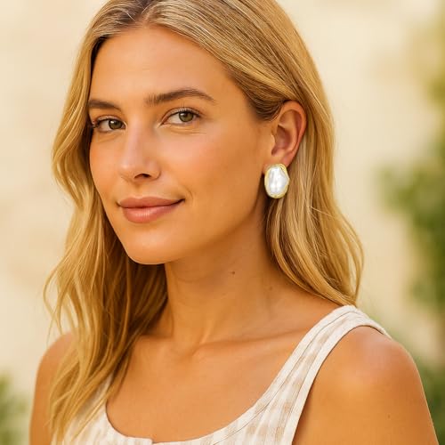 Vintage Pearl Earrings Chunky 14K Gold Plated Statement Baroque Pearl Earrings for Women Stud Non Tarnish Stainless Steel4