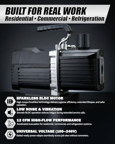Bomba de Vacío HCPRO 12 CFM Doble Etapa para HVAC y A/C Automotriz, Motor BLDC A2L Seguro, con Manómetro Integrado, 100-240V, Bomba de Evacuación de Vacío Profundo para Mini Split miniatura 3