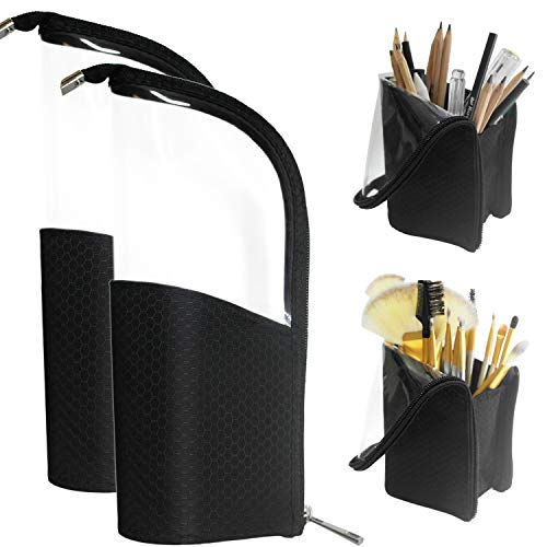 Black Travel Makeup Brush Holder 2-Pack, Organizer Bag Clear Plastic Cosmetic Zipper Pouch Portable Waterproof Dust-Free Stand-Up Small Toiletry Stationery Bag with Divider
