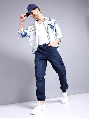 Image of The Indian Garage Co Men Regular Fit Solid Mid-Rise Stretchable Denim Cargo Joggers