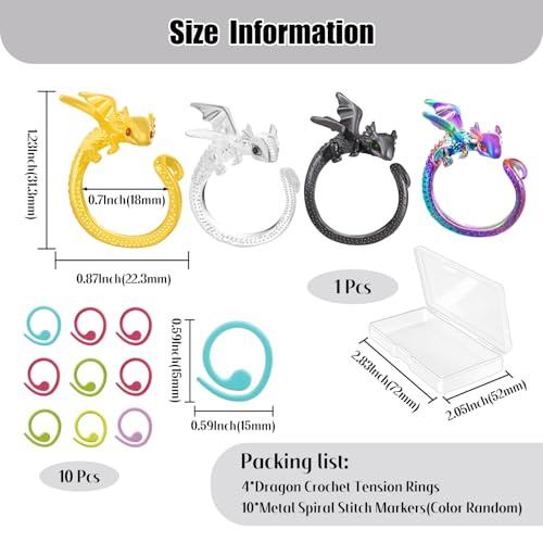 Image of HUISUYTON Dragon Crochet Rings, 4Pcs Crochet Tension Rings, Adjustable Yarn Ring for Finger, Knitting Crochets Loop Ring for Women Mother Grandma Gifts