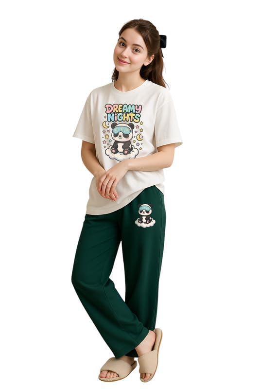 Image of My Swag Womens Cotton Nightwear Set | Dreamy Nights Printed T-Shirt with Relaxed Fit Pajama | Perfect for Sleep & Home