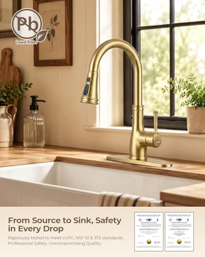 Image of WEWE Vintage Kitchen Faucet with Pull Down Sprayer, Stainless Steel 1 or 3 Hole High Arc Single Handle Antique Sink Faucet for Classic Modern Ktichen, Gold Bar & Prep Sinks
