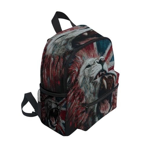 panksolu British Flag with Fierce Lion Toddler Backpack for Boys Girls,Kid Backpack with Chest Clip and Name Tag, S2