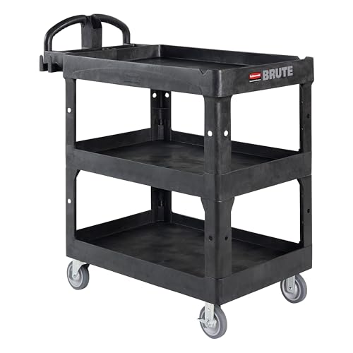 Image of Rubbermaid Commercial Brute 3-Shelf Heavy-Duty Utility /Service Cart, Medium, High Storage, Lipped Shelves, Ergonomic Handle, 600 lb. Capacity, Ideal for Warehouse /Garage /Cleaning /Maintenance /Office