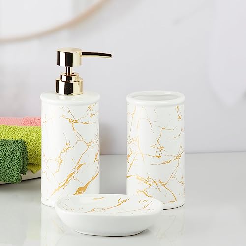 Image of SaSaSa Ceramic Bathroom Set of 3 Modern Bath Accessories Kit with Soap Dispenser, Toothbrush Holder & Dish - Stylish & Elegant Bathroom Decor, White /Gold (9729)