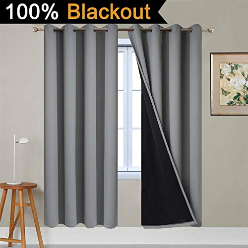 Image of Yakamok Full Shading Curtain Panels for Windows, 2 Thick Layers Thermal Insulated Drapes with Black Liner for Living Room(52Wx72L, Grey, 2 Panels)