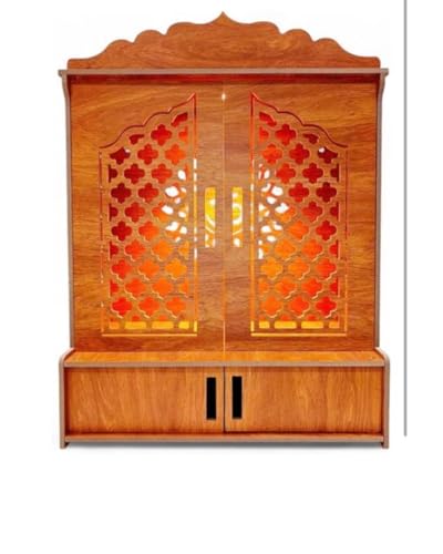 Image of AKSHI Wooden Home Temple with Decorative Lattice Doors, Handcrafted Wooden Pooja Temple | Elegant Home Mandir with Storage Space (H- 21 L- 16, W-13.5 Inch)