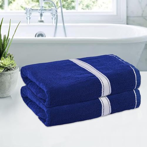 Image of Kuber Industries Pack of 2 Bath Towel | Bath Towel for Men | Highly Absorbent Bathing Towel | 144 GSM Cotton Bathroom Towel | Towel for Bath-Gym-Travel | Silver Patti | 30x60 Inch | Blue