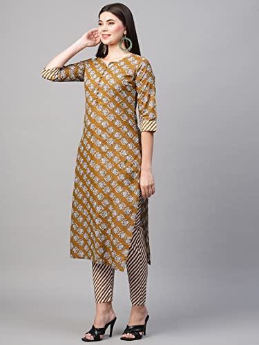 Image of GoSriKi Women's Cotton Blend Printed Straight Kurta With Pant