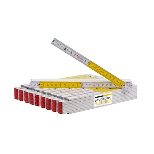 Stabila Zollstock 2 Meter Type 717 - Meterstab, weiß/gelb metrische Schnellablese-Skala, Gliedermaßstab mit Winkelfunktion aus PEFC-zertifiziertem Holz, Polyamid-Gelenke (10er Pack Zollstöcke)