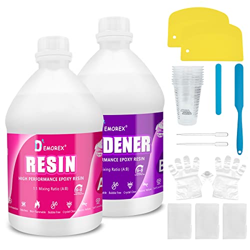 Demorex 1 Gallon Crystal Clear Epoxy Resin Kit, High Gloss & Bubbles Free Resin Supplies for Art Coating and Casting, Craft DIY, Wood, Tabletop, Bar Top, Molds, River Tables with Cups, Sticks, Gloves