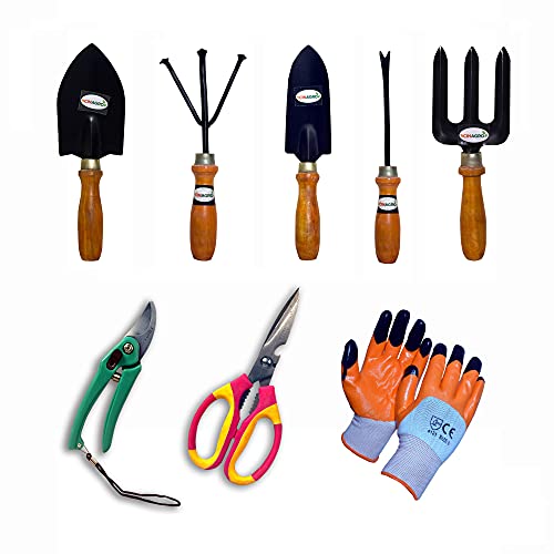 Image of Cinagro (Set of 8) Garden Tool Kit with Wooden Handle - Trowel, Cultivator, Transplanter, Weeder, Hand Gloves, Pruner, Scissors, Fork - Comfortable and Durable for Garden Use (Multicolor)