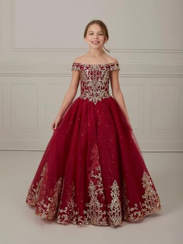 Off Shoulder Flower Girl Dress Lace Appliques Pageant Dresses Tulle First Communion Kids Birthday Party Ball Gown3