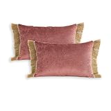 TAPIDECOR | 2 Fundas Cojín | Modelo Rosa Floral | Decoración Hogar | Cojin para Cama, Sofa, Salon, Terraza | Diseño Moderno y Elegante | Sin Relleno | Color Rosa Amoratado | Fleco Rafia | 60x40cm
