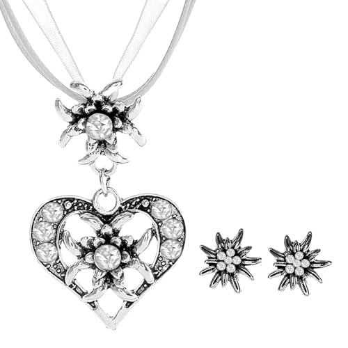 JENCVNL 3 Stück Trachtenschmuck Damen Oktoberfest Bayerisch Dirndlschmuck Trachtenkette mit Strass Edelweiß Herz Anhänger Ohrstecker für Damen für Bierfest Trachten Dirndl Accessoires (Weiß)