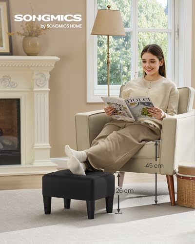SONGMICS Sitzhocker, Fußhocker, Leinenimitat, Hocker, Dicke Polsterung, bis 150 kg belastbar, für Wohnzimmer Schlafzimmer Eingangsbereich, tintenschwarz LOM502B01
