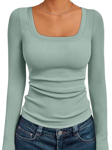 Image of AUTOMET Women's Square Neck Ribbed Long Sleeve Slim Fit Tops Fall