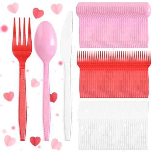 Gerrii 300 Pcs Disposable Plastic Cutlery Set Plastic Utensils Silverware Set Includes Spoons, Forks, and Knives for Valentine's Day Party Supplies