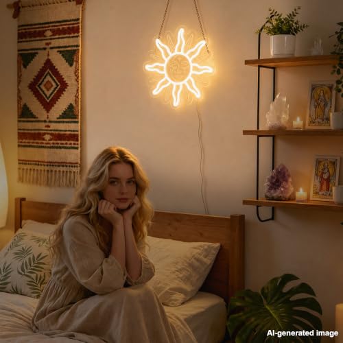 Image of Attivolife Sun Goddess Neon Sign, Dimmable Sun and Moon LED Light, Sunflower Eye Boho Aesthetic Wall Decor, USB Powered Tribal Art Lamp for Bedroom Living Room Dorm Women Boho Lovers Gift 11.8 inchx11.8 inch