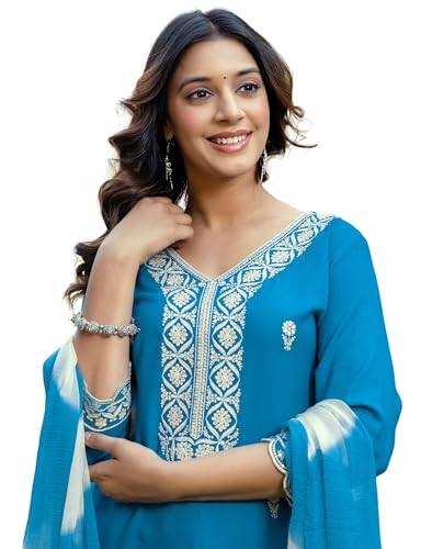 Image of SKYLEE Cotton Printed, Embroidery and Mirror Work A-Line Kurta Set with Dupatta