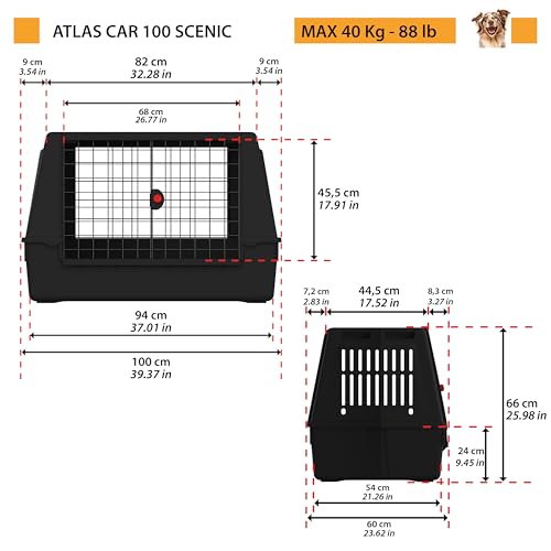 Ferplast Hundebox Auto, Atlas CAR 100 Scenic, extra Belüftung, Ablagefach, Doppelte Schiebeöffnung mit Sicherheitshaken, Abtropfmatte, L 100 x W 60 x H 66 cm - Max 40 Kg.
