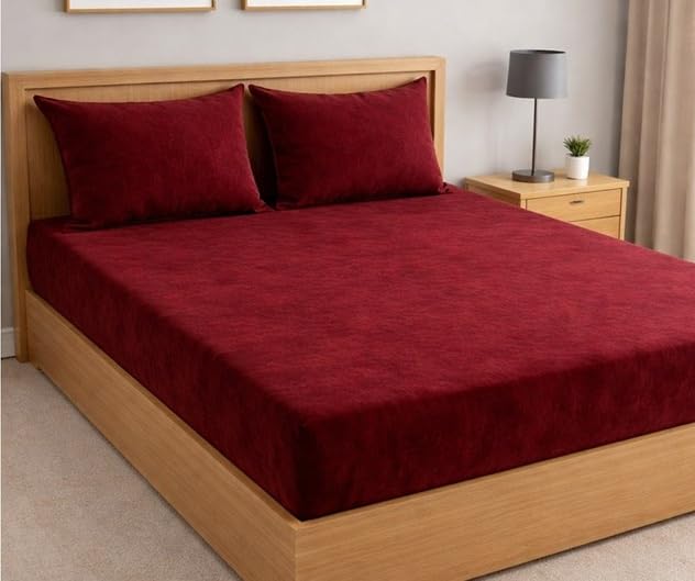 Image of Warm Flannel (Flano) King Size 330 TC Winter Fitted Bedsheet | All Side Elastic Premium Winter Soft Velvet Furnishing Bed Sheet with 2 Big Pillow Cover Size - 72 x 78 X 8 Inches Solid Maroon