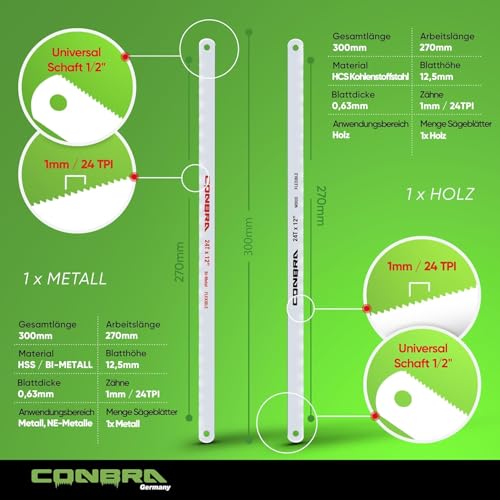 Conbra® Bügelsäge 300mm - Metallsäge 300 mm mit Holz Sägeblatt + Metall Sägeblatt - Präzises abschneiden von Schrauben und Nägel