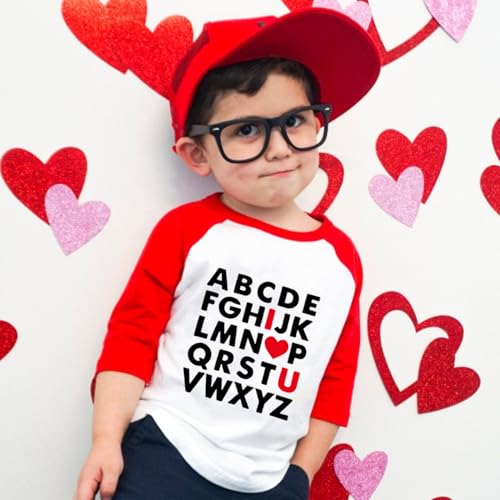 Image of Kids Valentines Shirt Boys Girls Valentine's ABC I Love U Heart Heart XO XO Graphic Tees Raglan Toddler Long Sleeve Tops