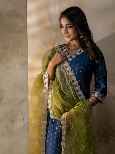 Image of VredeVogel Women's Chanderi Silk Embroidered Kurta with Pant & Organza Dupatta Set | Casual Outfit Ethnic Kurta Set for Women | Modern & Traditional Blend Ethnic Wear
