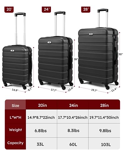 Image of Suitour Luggage Sets 3 piece, Hardside Lightweight Suitcase sets with Spinner Wheels,TSA Lock,20 /24 /28 inches Travel Luggage Black