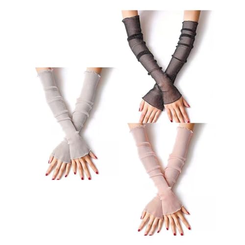 TSUOUKL 3 Paar Armstulpen für Damen, lang, ultradünn, Spitze,durchsichtige Stulpen, Damen, kühlender Sonnenschutz Tül Fingerlose Armstulpen Perfekt Party Outdoor Sportaktivitäten