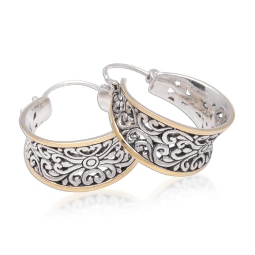NOVICA Artisan Handmade Gold Accented Sterling Silver Hoop Earrings from Bali Indonesia [1 in L x 0.4 in W x 0.9 in D] ' Between Sunlight'