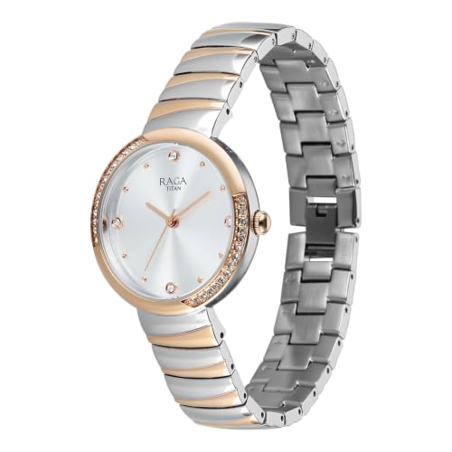 Image of Titan Raga Spotlight 2.0 Quartz Analog 3Hands Display Silver Dial IPRG+Steel Look Color Strap Watch for Women - 95427KM01