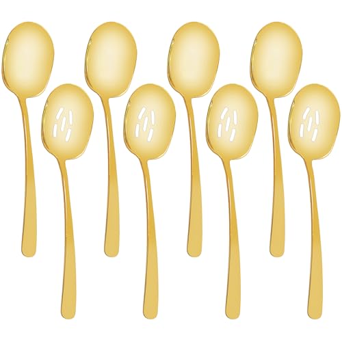 8 Pieces Extra Large Serving Spoons Set, 11 Inch Serving and Slotted Spoon, Stainless Steel Cooking Spoons, Serving Utensils for Kitchen Buffet Parties (Gold)