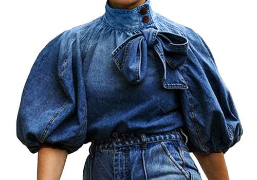 Tbahhir Women's Denim Blouse Blue Bow Tie Jean Shirt Puff Sleeves Mock Neck Cropped Top Casual