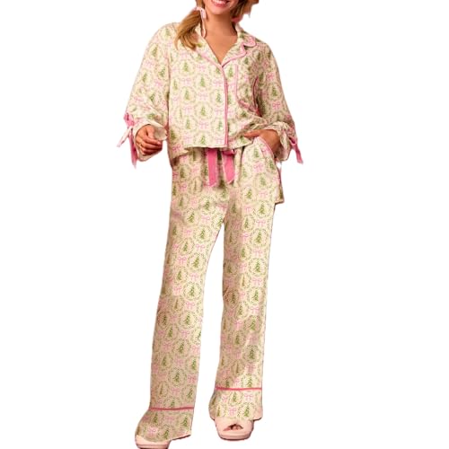Uwdiohq Christmas Pajamas for Women Bow Tie Long Sleeve Shirt Pants Satin Funny Graphic 2 Piece Set Sleepwear Camicia Natale Famiglia (Beige, L) Pigiama Cotone con Bottoni Pigiami Corti Donna