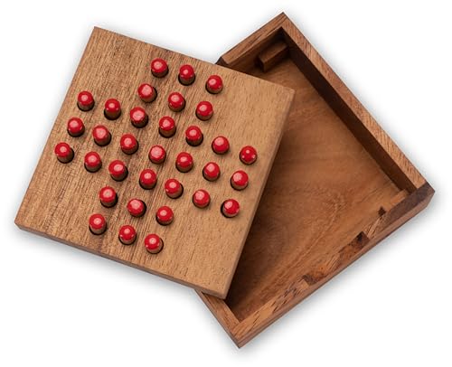 LOGOPLAY Solitär Gr. S - Solitaire - Steckspiel - Denkspiel - Knobelspiel - Geduldspiel - Logikspiel aus Holz - rote Stecker