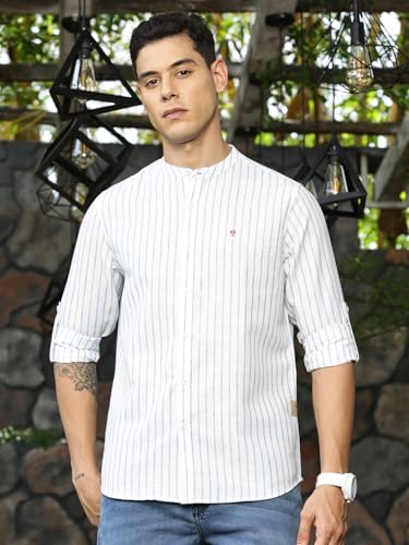 Image of Thomas Scott Men's Slim Fit Cotton Linen Casual Shirt with Mandarin Collar | Vertical Stripes | Three-Quarter Roll-Up Sleeves