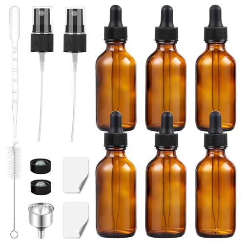 6Pcs 2 oz Dark Amber Dropper Bottles, 60ml Glass Tincture Bottles with Dropper, 1 Funnels, 2 Nozzles, 1 Long Plastic Dropper, 2 Bottle Caps, 2 Labels, Eye Dropper Bottle for Liquids, Essential Oils