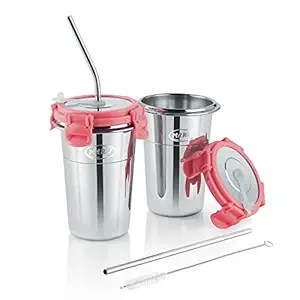 MARU Stainless Steel Tumbler with Silicon Aperture Steel Lid Leak Proof Set of 2 pcs with 2 Straws 1 Brush | Glass Tumbler Steel lid | Steel Glass with Lid Capacity 400ML (Ice Pink, 400ml * 2 pcs)