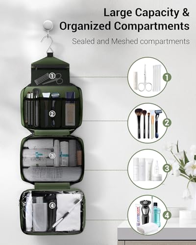 Image of Maliton Toiletry Bag for Men & Women Travel Toiletry Bag Hanging Toiletry Bag Hygiene Organizer with 4 Compartments Waterproof Bathroom Shower Bag Large Toiletries Travel Bag (Olive Green)