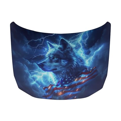 Image of Car Hood Cover for Compact Sedans SUV Trucks, 59x39 Inches Stretchable Auto Hood Wraps Vehicles Banner Automotive Exterior Accessories (Lightning Wolf USA Flag Design)