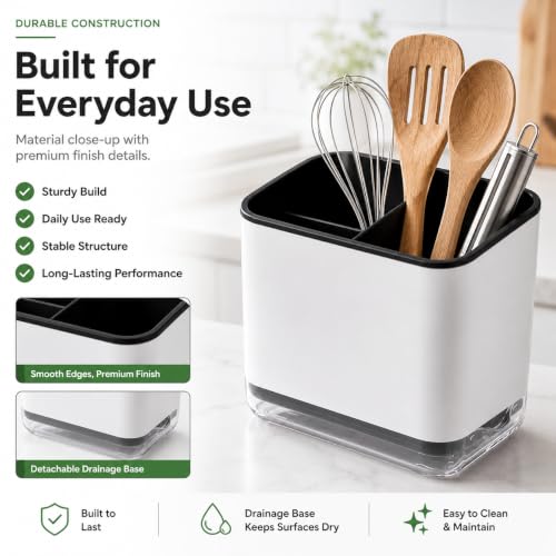 Image of Kitchen Utensil Holder with Drain Tray | Self Draining Countertop Organizer, 3 Compartment Cutlery Caddy | Detachable Water Collection Base for Spoons Forks Knives Cooking Tools (Black)